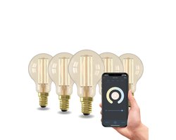 Calex Slimme Lamp - Set van 5 stuks - Wifi LED Filament Verlichting - E14 - Smart Lichtbron Goud - Dimbaar - Warm Wit licht - 4,9W