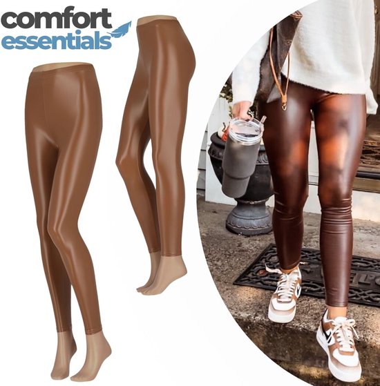 Legging Femme Look Cuir - Legging Latex - Marron - Taille XXL - Pantalon En Cuir Femme - Legging Cuir Femme - Legging Look Cuir