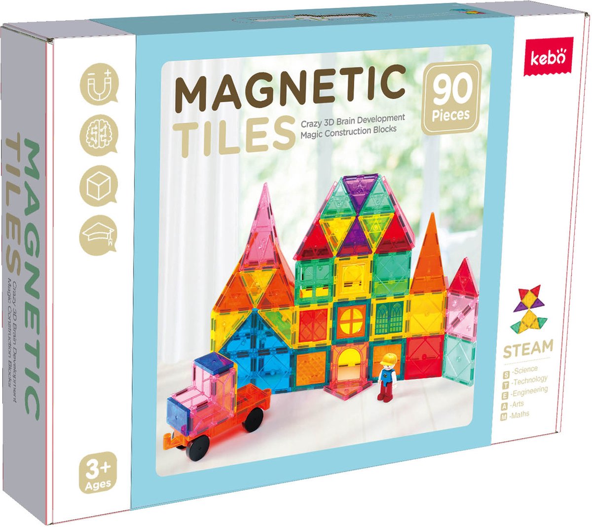 KEBO magnetisch speelgoed magnetic tiles magnetische tegels magnetische bouwstenen constructie speelgoed montessori speelgoed 90pcs -KBM-90a