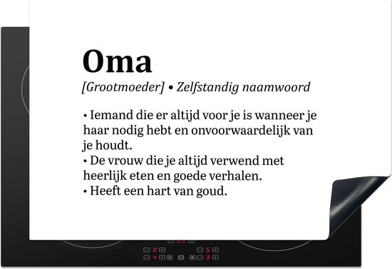 Inductiebeschermer met witte tekstdefinitie voor Oma, geplaatst op een zwarte inductiekookplaat.