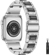 Strass Diamond Juwelen Band - Zilver/zwart - Geschikt voor Apple Watch 38mm - 40mm - 41mm - Elegante sieraden metalen verstelbare armband - Voor iWatch Series 9/8/7/6/SE/5/4/3/2/1 kleine modellen