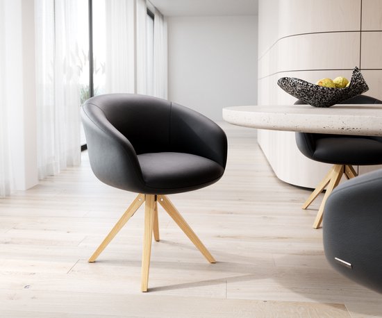 Chaise de salle à manger Vinka- Flex avec accoudoirs, structure en bois, cuir véritable naturel angulaire noir, pivotant à 180°, noyau à ressorts ensachés