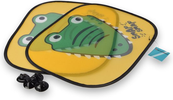 Zonnescherm Auto Kinderen - Universeel - Set van 2 - Geel/Groen Crocodile Face - 44cm x 38cm - Polyester - Inclusief 4 Zuignappen van DING. — afbeelding 2
