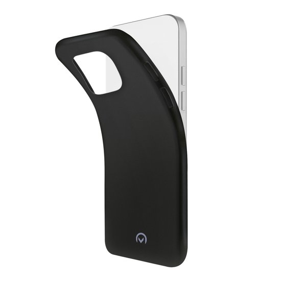 Coque de téléphone noire et flexible avec découpes pour l'appareil photo et les boutons.