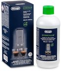 Doos en fles De'Longhi EcoDecalk ontkalker met afbeelding van koffiemachine en espresso's.