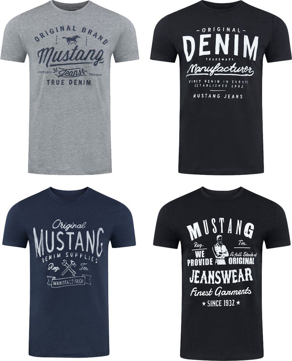 Mustang Heren T-Shirt 4-pack Mustang heren-T-shirt regular fit Veelkleurig 5XL Ronde Hals Volwassenen Opdruk Print Shirts