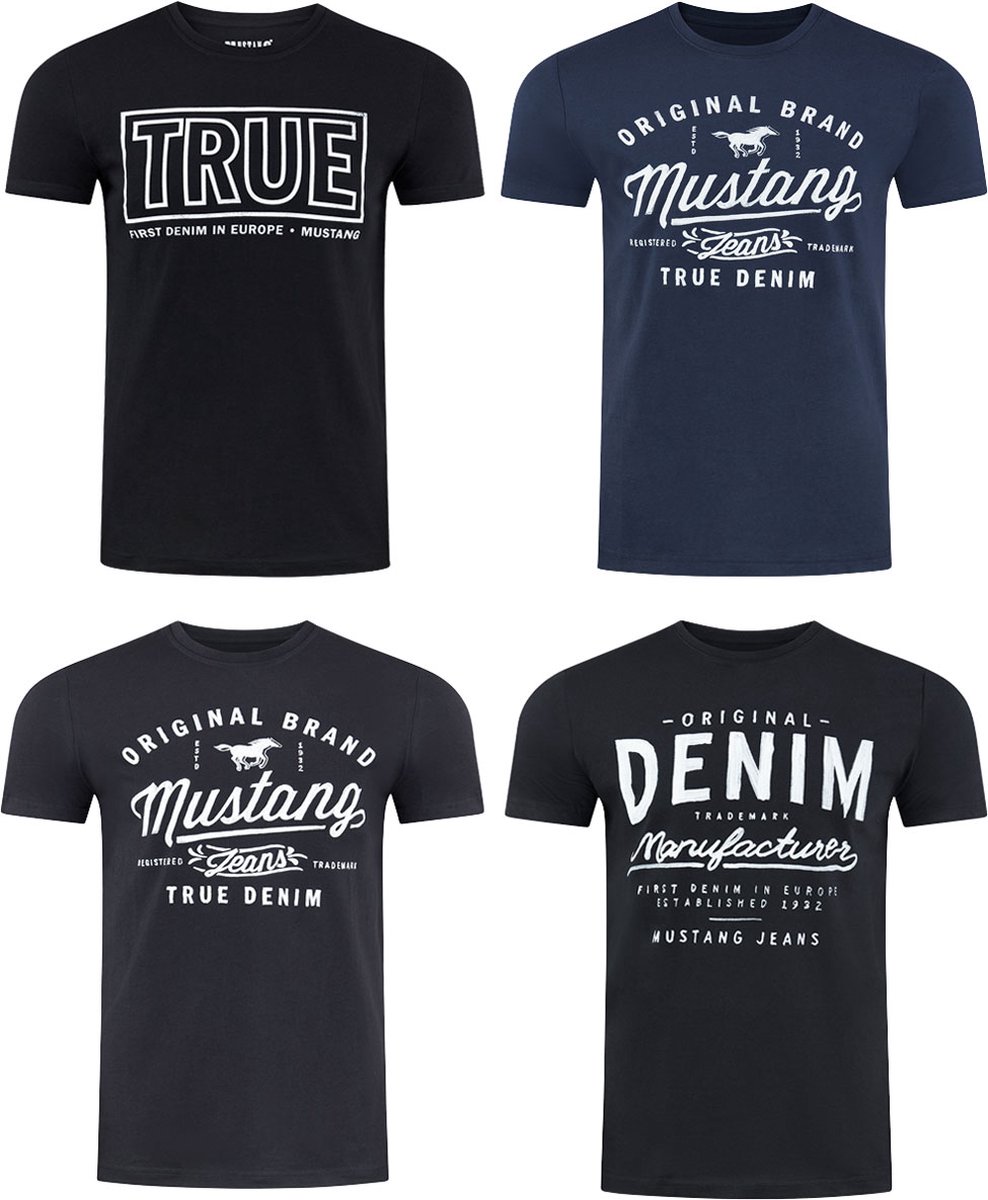 Mustang Heren T-Shirt 4-pack Mustang heren-T-shirt regular fit Veelkleurig 5XL Ronde Hals Volwassenen Opdruk Print Shirts