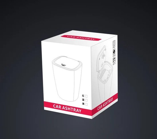 Verpakking voor een auto-asbak met illustraties van het product en de tekst 'CAR ASHTRAY' in het rood.
