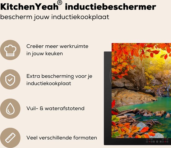KitchenYeah® Inductie beschermer 80x52 cm - Stenen - Boom - Waterval - Herfst - Rood - Kookplaataccessoires - Afdekplaat voor kookplaat - Inductiebeschermer - Inductiemat - Inductieplaat mat