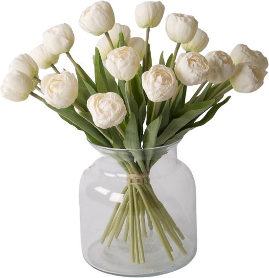 WinQ- Witte Tulpen - Boeket kunst Tulpen 38cm -21 tulpen - Kunstbloemen met glasvaas - zijden bloemen - Exclusief glasvaas -