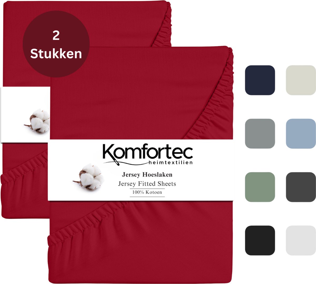 Komfortec Jersey Stretch 2x Hoeslaken 90x200 cm - Dubbelpak- 30cm Matrasdikte- Rondom Elastiek - 100% Katoen - Rood