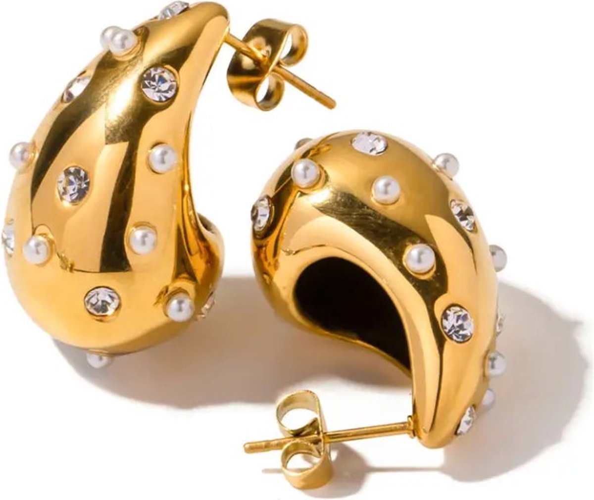 Lajetti - Goudkleurig Druppel Oorbel Dames met Parels en Strass - Stainless Steel Gold Plated Oorstuds