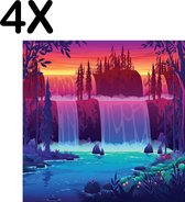 BWK Textiele Placemat - Zonsondergang bij Waterval - Landschap - Illustratie - Set van 4 Placemats - 50x50 cm - Polyester Stof - Afneembaar