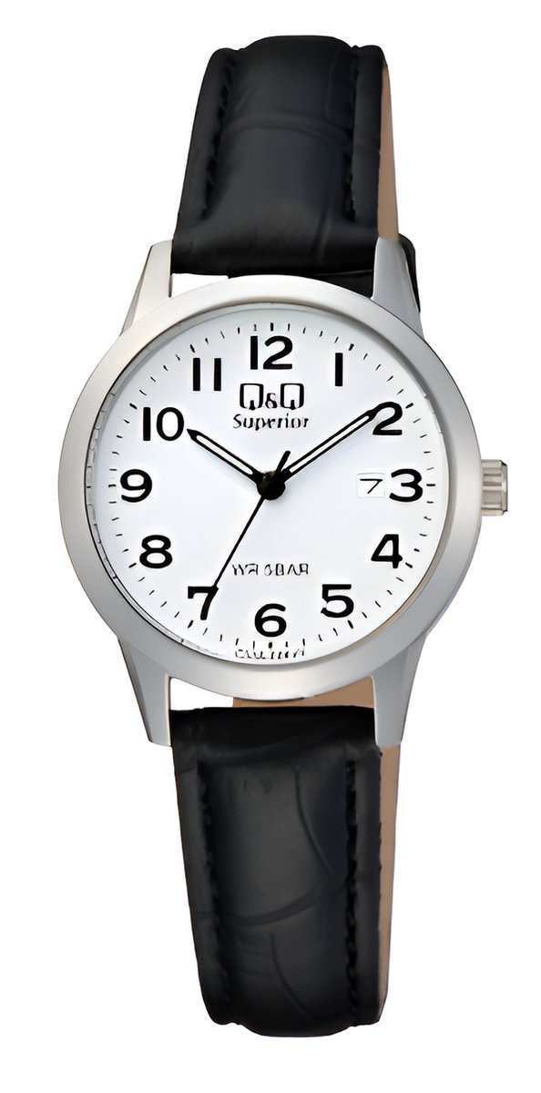 QQ C53A-004VY-Horloge-Superior-Dames-Zilverkleurig-Duidelijke wijzerplaat-Zwart lederen band
