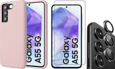 Hoesje geschikt voor Samsung Galaxy A55 - Screenprotector Glas & Camera Protector - Mat Back Case Roze
