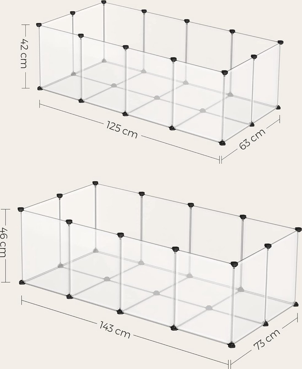 HMPC001W01 Dierenomheining voor kleine dieren, plastic kooi voor binnen, voor hamsters, konijnen, cavia's, 125 x 63 x 42 cm, wit thumbnail 5