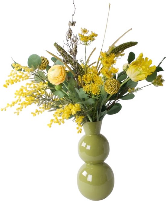 WinQ- Boeket Kunstbloemen in geel/groen combinatie - Inclusief vaas - Boeket zijden bloemen - Frisse geel groene Voorjaarskleuren - Nepbloemen - Zijden bloemen