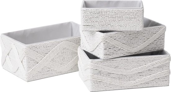 Opbergmanden, set van 4 - stapelbare geweven manden gemaakt van gerecycled papier, opbergdozen voor make-upkasten, badkamers, slaapkamers, wit