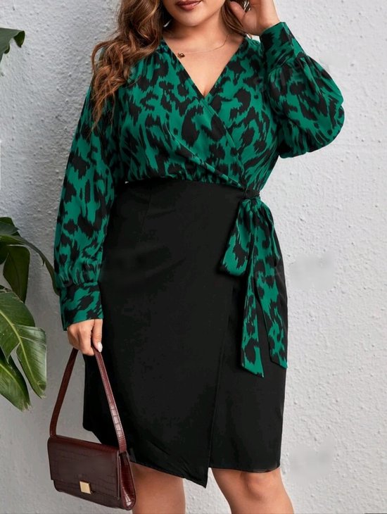 Sexy elegant corrigerende lichte stretch wikkeljurk jurk zwart met groen plus size maat 4XL eu 52