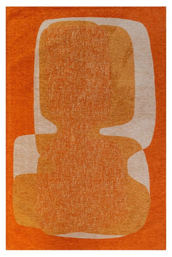 Rechthoekig oranje Poum Poum tapijt met abstract patroon en geometrische vormen - 140 x 200 cm