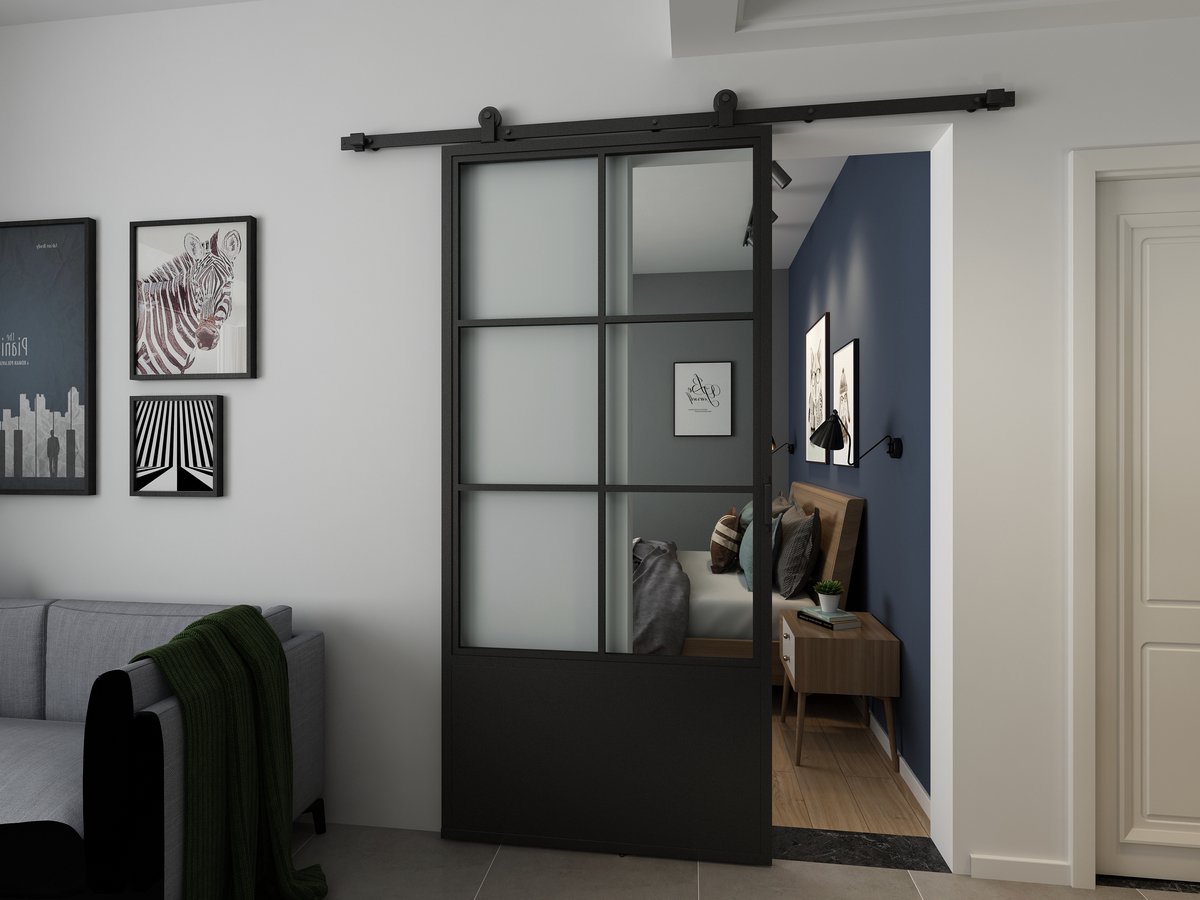 Barnwoodweb Industriële Schuifdeur - 6-Vaks Kickplate - 100x235cm - Helder Glas met Zwart Staal - Inclusief Schuifdeursysteem en Deurgreep