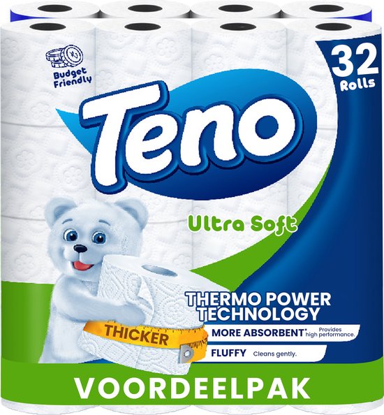 Teno - Super zacht - 32 Rollen Toiletpapier - 1 Pak van 32 Rollen Duurzaam WC Papier - Pluisvrij & Sterk - Voordeelverpakking WC Papier
