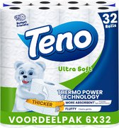 Teno - Super zacht - 192 Rollen Toiletpapier - 6 Pakken van 32 Rollen Duurzaam WC Papier - Pluisvrij & Sterk - Voordeelverpakking WC Papier