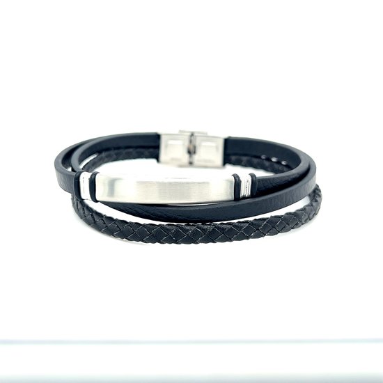 Heren armband - Armband Leer - Zwart met3 bandjes - Armband met haak sluiting - Stainless steel - Valentijn cadeautje voor hem