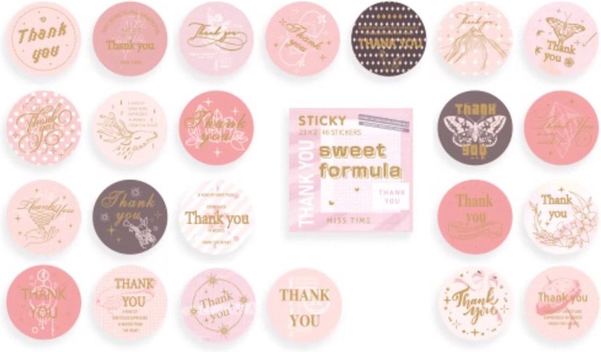Ainy Sluitstickers Thank You Roze - 46 stuks bedankt stickers van 35 mm - ideaal voor cadeauverpakkingen, uitdeelzakjes, bedanktjes, traktatie en afscheid basisschool of opvang - Bedankt stickers voor kinderen en volwassenen