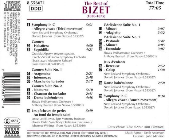 Cd-boekje van The Best of BIZET (1838-1875) met tracklijst, artiesten en informatie over de opname.