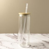Glazen Drinkbeker | Nature Glass | Bamboe Deksel | Met Rietje | Transparant | 600ml