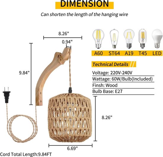 Wandlamp hout binnen, Vintage wandlamp met gevlochten rotan schaduw, E27 Retro wandverlichting met schakelaar en stekker, Landhuis, Rustiek, Voor slaapkamer, Woonkamer (Zonder gloeilamp)
