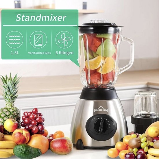 HOMELUX Smoothie Maker blender - 1,5 l Glas - Mixer - 350 W blender - Krachtige mixer - 5 snelheden + impulsfunctie - ice crush-functie - zilver van Homelux — afbeelding 4