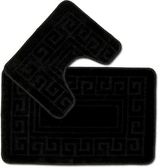 Tapis de Bain Antidérapant Style Grec - Set de 2 Tapis de Bain - Comprend 1 Tapis de Bain (50 × 80 cm) et 1 Tapis de Toilette (50 × 40 cm) - Noir