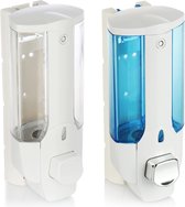 Zeepdispenser voor wandbevestiging, navulbaar, zeepdispenser voor douchegel en shampoo, keuze varieert, 2 stuks, wit-lichtblauw