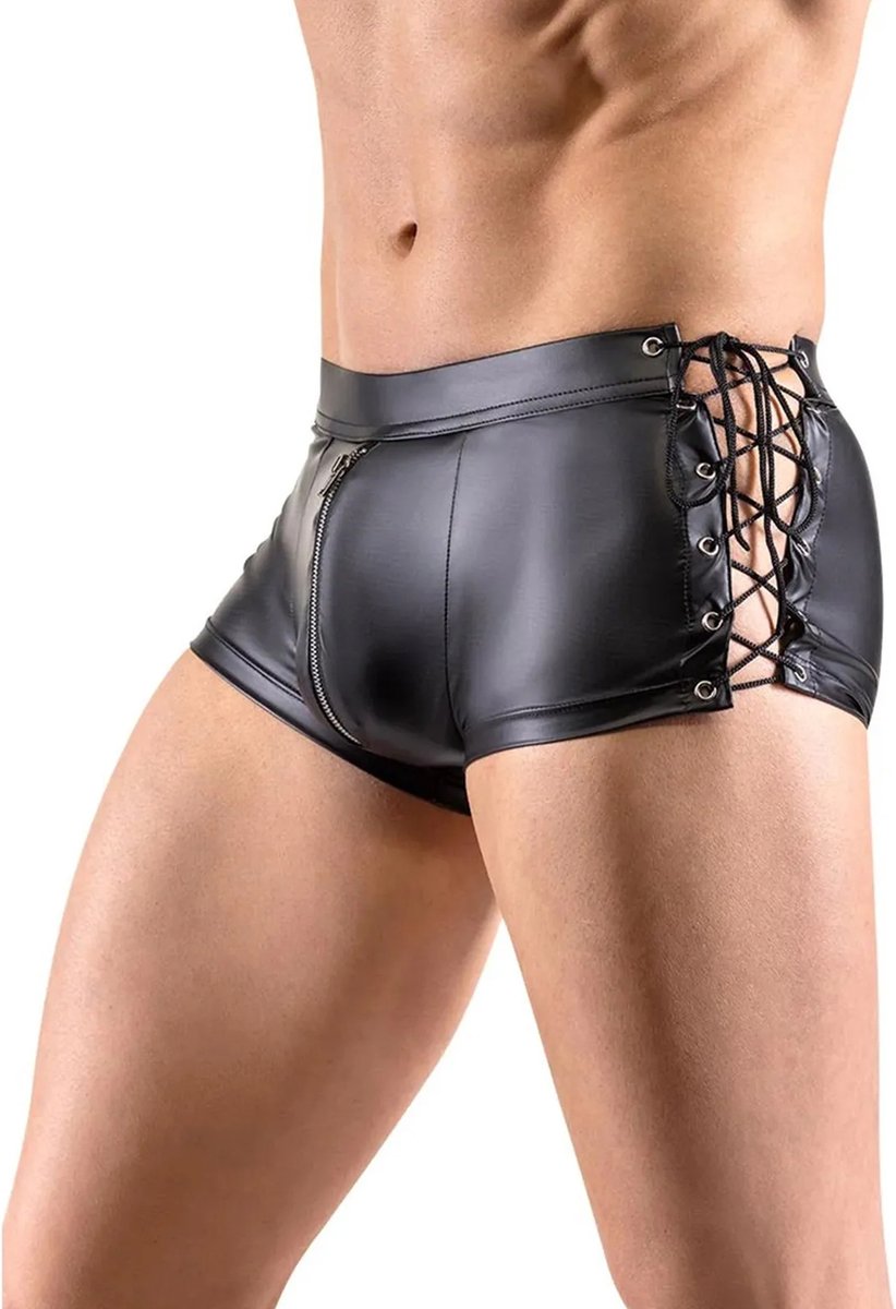 Goedkoopste BDSM Lederen harnas korte short met open kruis functie - PU Leer - Latex look - Boxershort - Touw - Licht verstelbaar - Korte broek