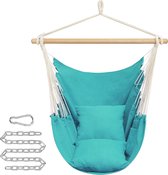 Hangstoel, hangschommel, hangstoel met 2 kussens, metalen ketting, tot 150 kg belastbaar, binnen en buiten, woonkamer, slaapkamer, turquoise