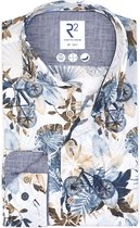 R2 Amsterdam - Overhemd Extra Lange Mouwen Botanische Print Fiets Blauw - Heren - Maat 39 - Modern-fit