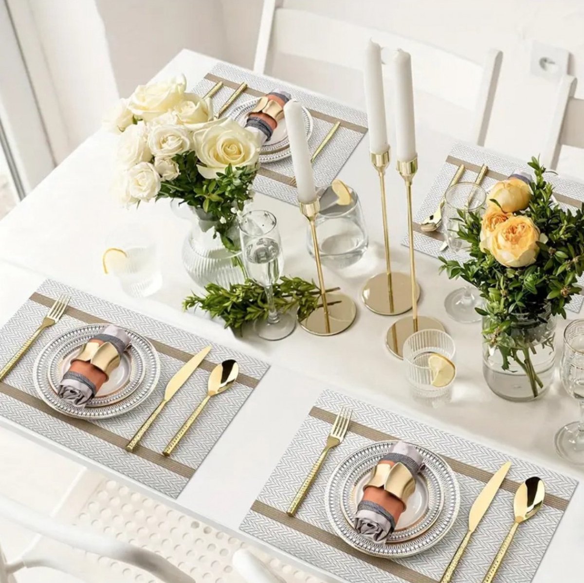 4x placemat wit met goudkleurige accenten 30x45cm set van 4stuks