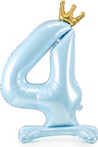 Partydeco - Staande folieballon Cijfer 4 Sky-Blue met kroon 84 cm