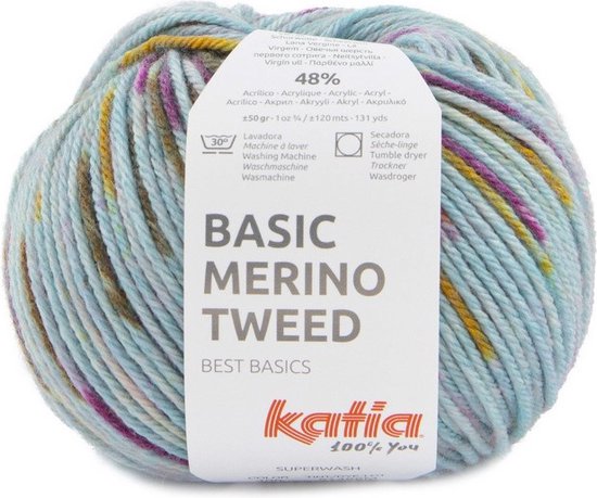 Katia breigaren, basic merino tweed nr. 406, Water blauw-Oker-Fuchsia, 50gr.