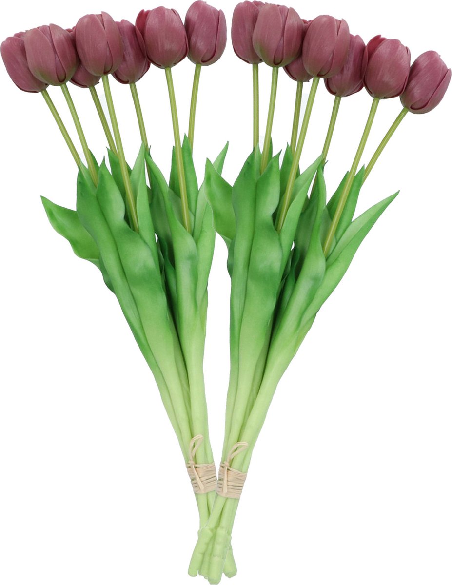 DK design Kunst tulpen boeket - 14x stuks - aubergine paars - real touch - 43 cm - levensechte kunstbloemen