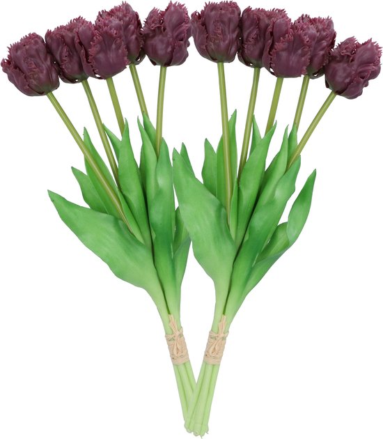 DK Design Bouquet de tulipes artificielles - 10x pièces - violet foncé - real touch - 39 cm - fleurs artificielles réalistes