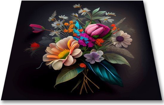 Boeket met kleurrijke bloemen, waaronder roze tulpen en oranje gerbera, op zwarte achtergrond.