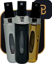 PerfumeBuddy® - Bestsellers Set - Parfum Verstuiver - 5ML - Navulbaar - Reisflesje - Mini Parfum Flesje - Parfum Verstuiver Navulbaar - Zilver, Zwart & Goud