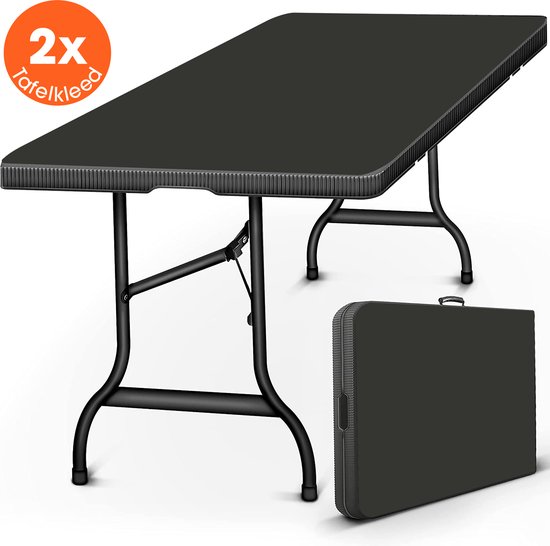 Table pliante Lenx - Table pliable - 180x75x74cm - Table de jardin pliable - Plateau lisse - Table pliante - Poignée et 2 nappes incluses - 6 à 8 personnes