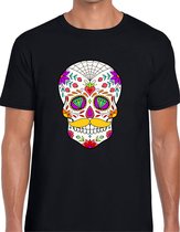 Sugar Skulls - T-Shirt - kleuren - zwart shirt - maat L - Verjaardag - cadeau - Shirt cadeau - tattoo skull