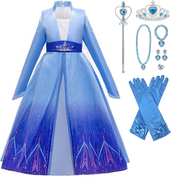 Prinsessenjurk meisje - Elsa jurk - Maat 146/152 (150) - Toverstaf - Tiara - Lange prinsessenhandschoenen - Carnavalskleding - Cadeau meisje - Verkleedkleren - Kleed