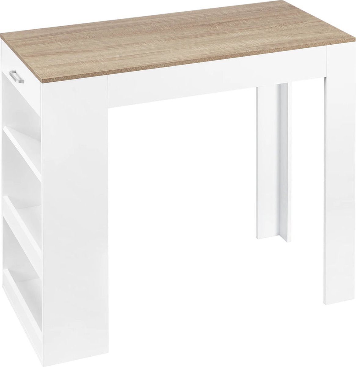 BukkitBow - Bartafel met Opbergruimte en Lade - Stevig Hout - Ingebouwd Wijnrek - 100x100x50cm - Wit met Eikenhouten Blad