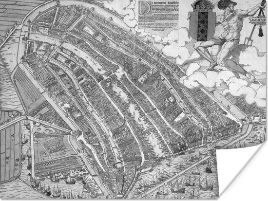 Plan de la ville historique d' Amsterdam en noir et blanc Poster - Carte 160x120 cm - Tirage photo sur Poster (décoration murale salon / chambre) / Affiche villes européennes XXL / Groot format!